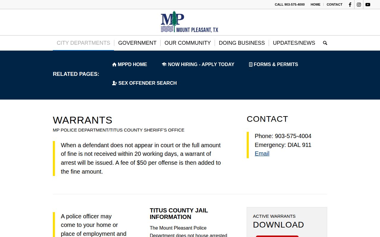 Mount Pleasant municipal warrant resource for Titus County warrant checks